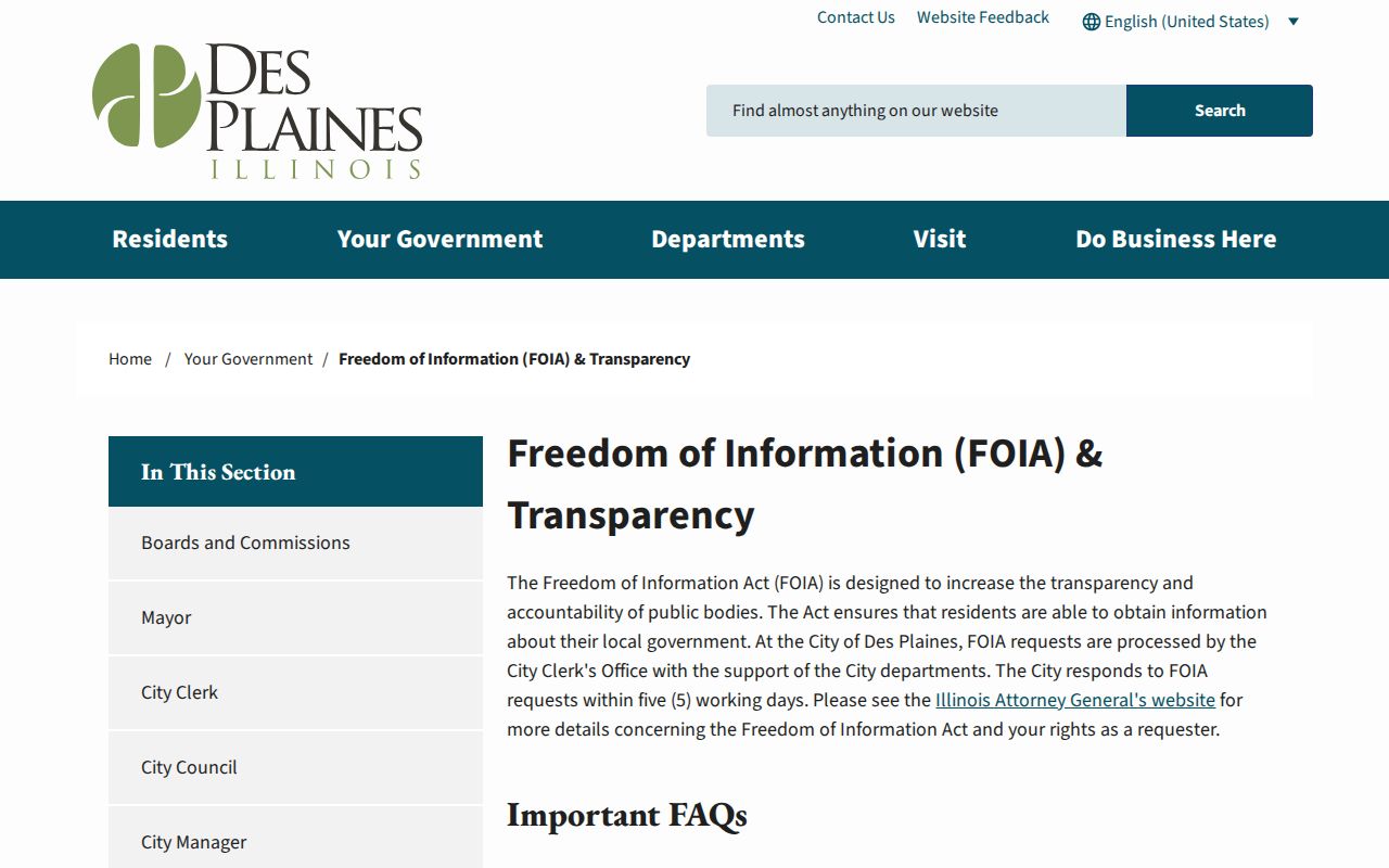 Des Plaines residents directory city FOIA records