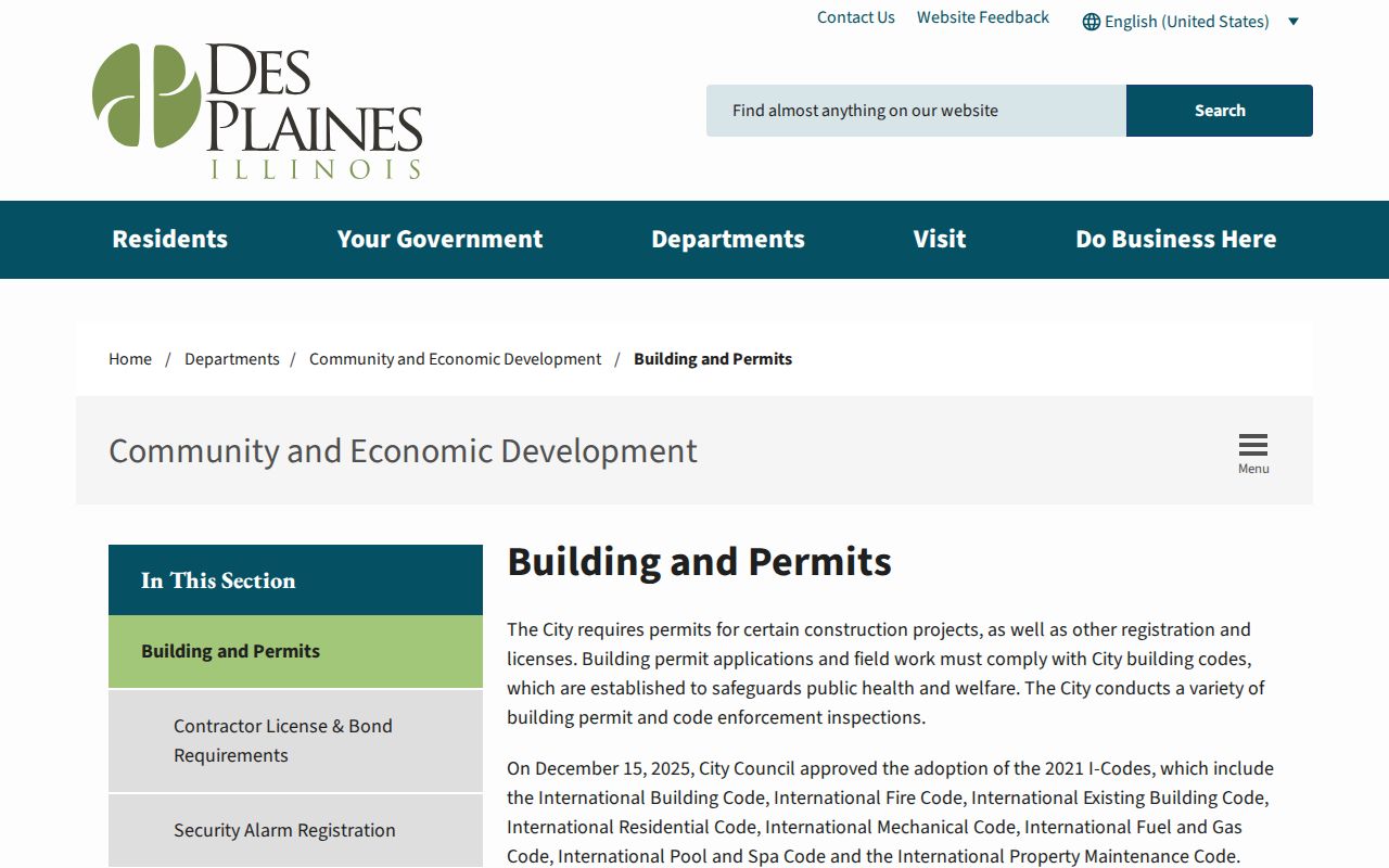 Official Des Plaines building permit access page for address research